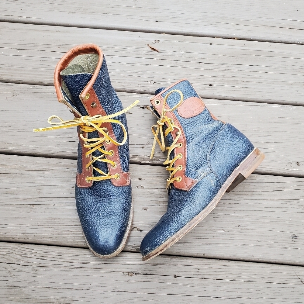 Vintage 70s Western Navy Blue Bullhide British Tan Lace-up Roper‎ Packer Boots 6